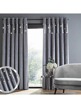 Product photograph of Catherine Lansfield Crushed Velvet Glamour Sequin Fully Lined Eyelet Curtains In Grey from very.co.uk