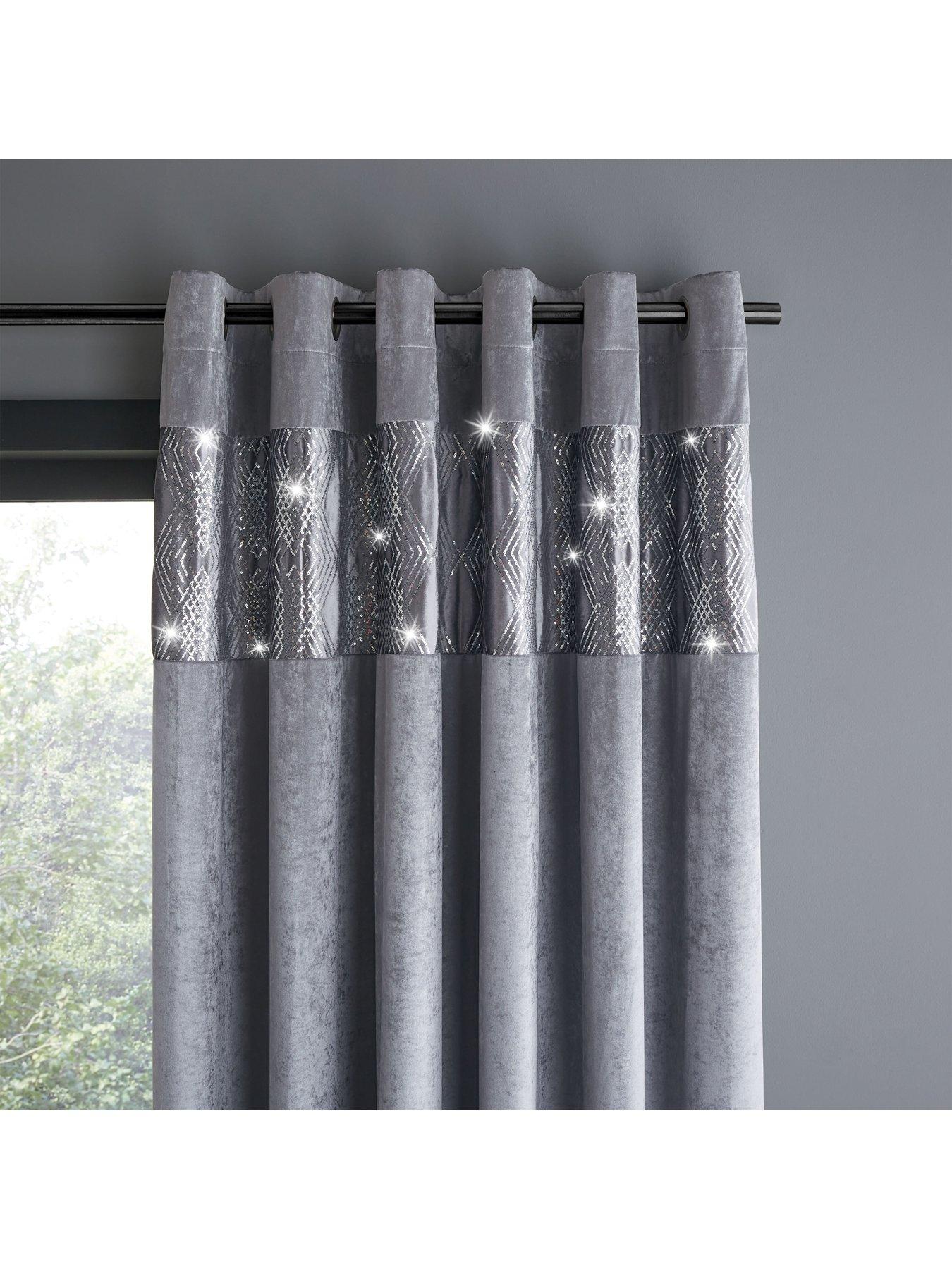 Image 2 of 5 of Catherine Lansfield Crushed Velvet Glamour Sequin Fully Lined Eyelet Curtains in Grey