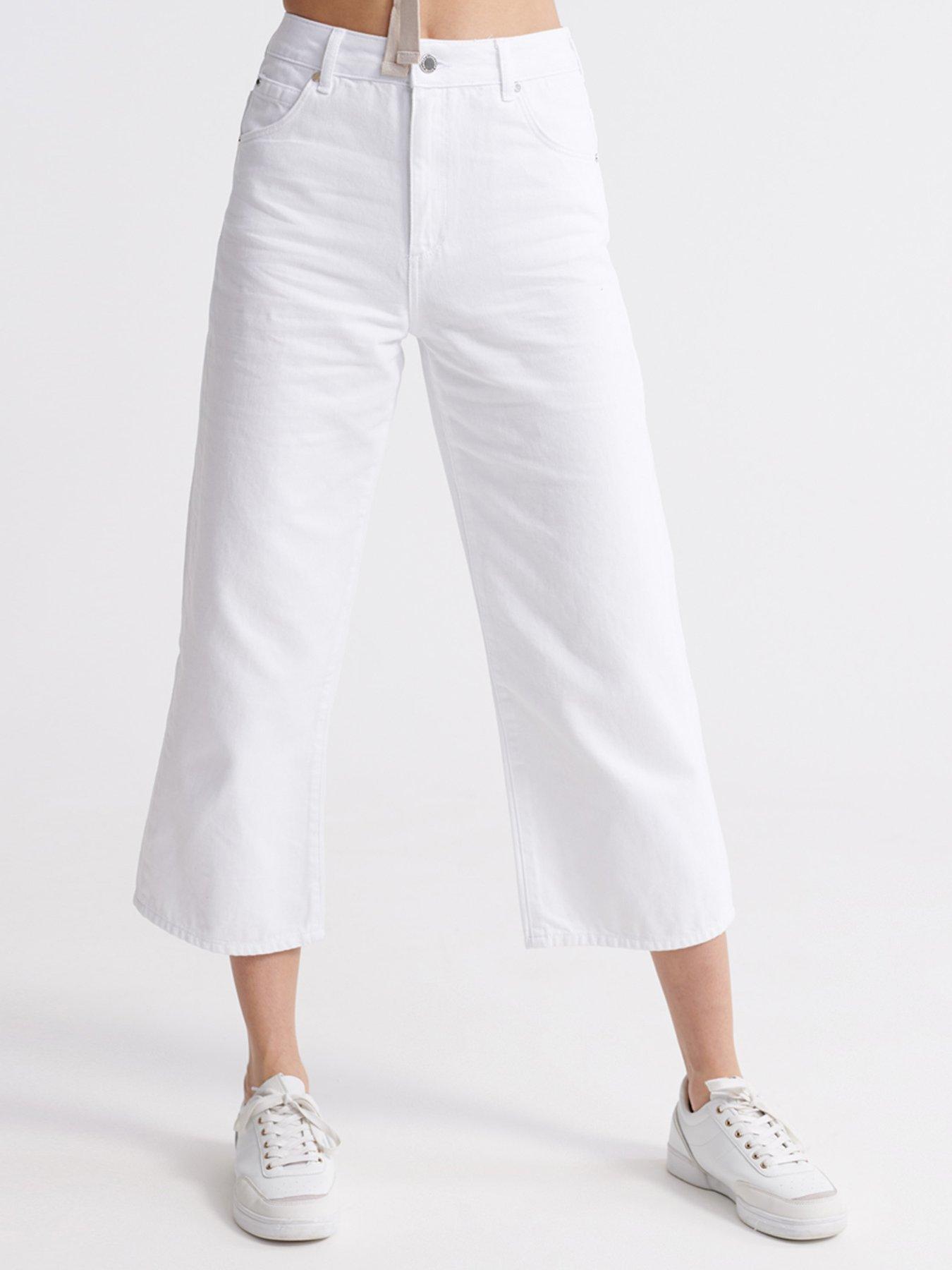 Women Wide Leg Crop Jeans - White