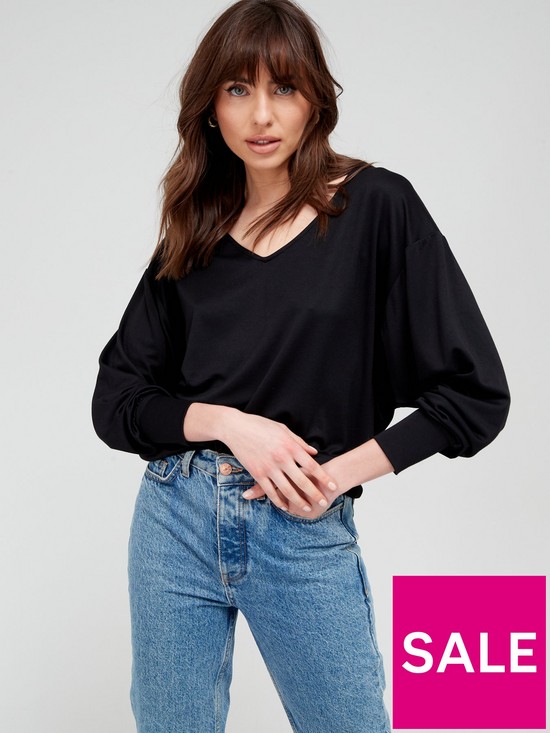 front image of v-by-very-batwing-v-neck-top-black