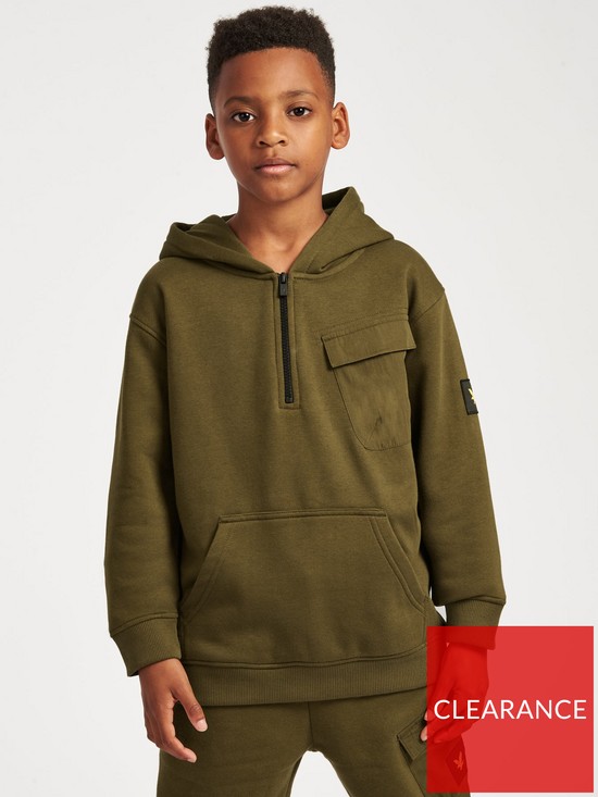 stillFront image of lyle-scott-boys-pocket-quarter-zip-logo-hoodie-khaki