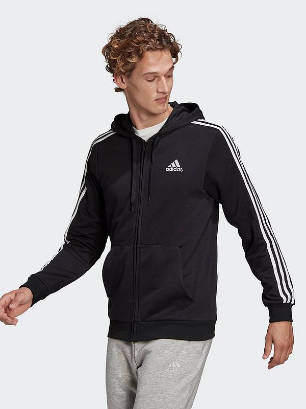 Black Adidas Essentials French Terry 3-Stripes Full-Zip Hoodie JD ...