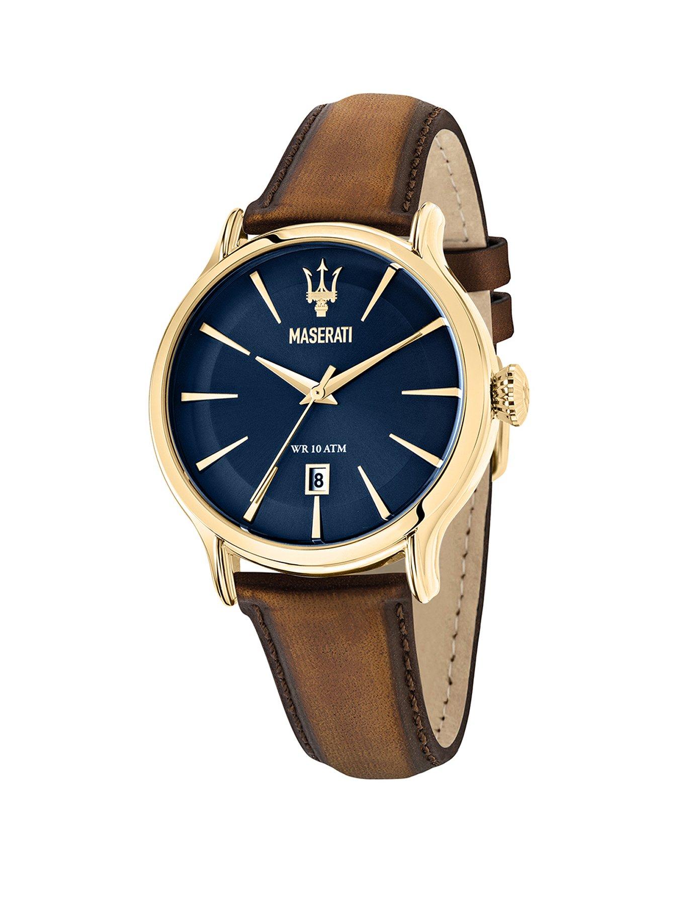 Product photograph of Maserati Stainless Steel Yellow Gold Amp Brown Leather Mens Watch from very.co.uk