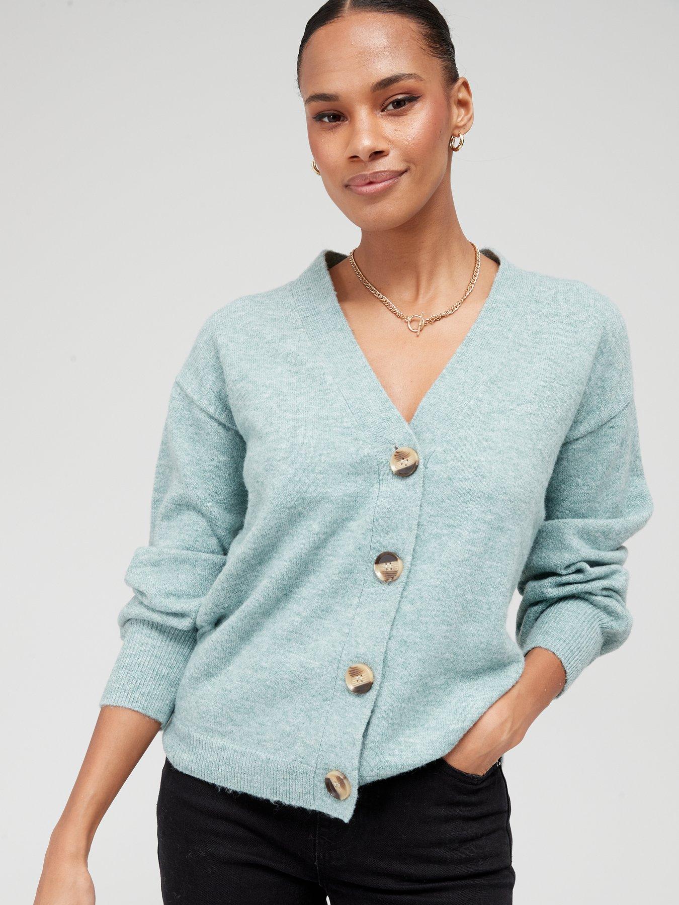  Knitted Balloon Sleeve V-Neck Button Cardigan - Sage