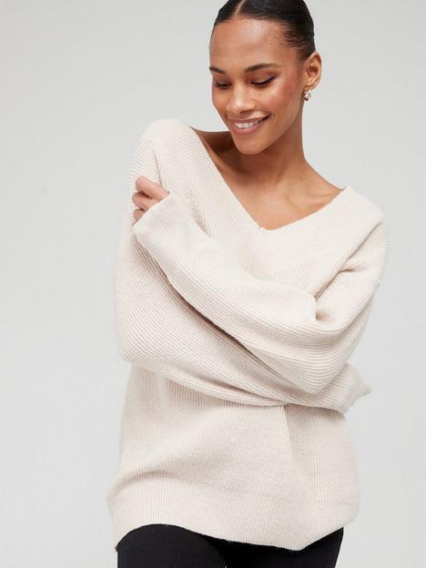 v-by-very-knitted-deep-v-front-and-back-jumper-oatmeal