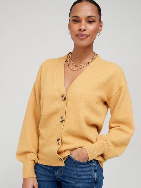 v-by-very-knitted-balloon-sleeve-v-neck-button-cardigan-mustard