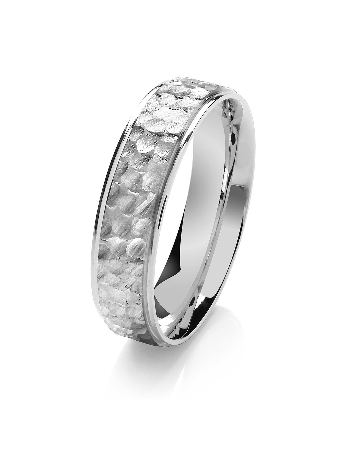 Men 9ct White Gold Hammered Detail Wedding Ring