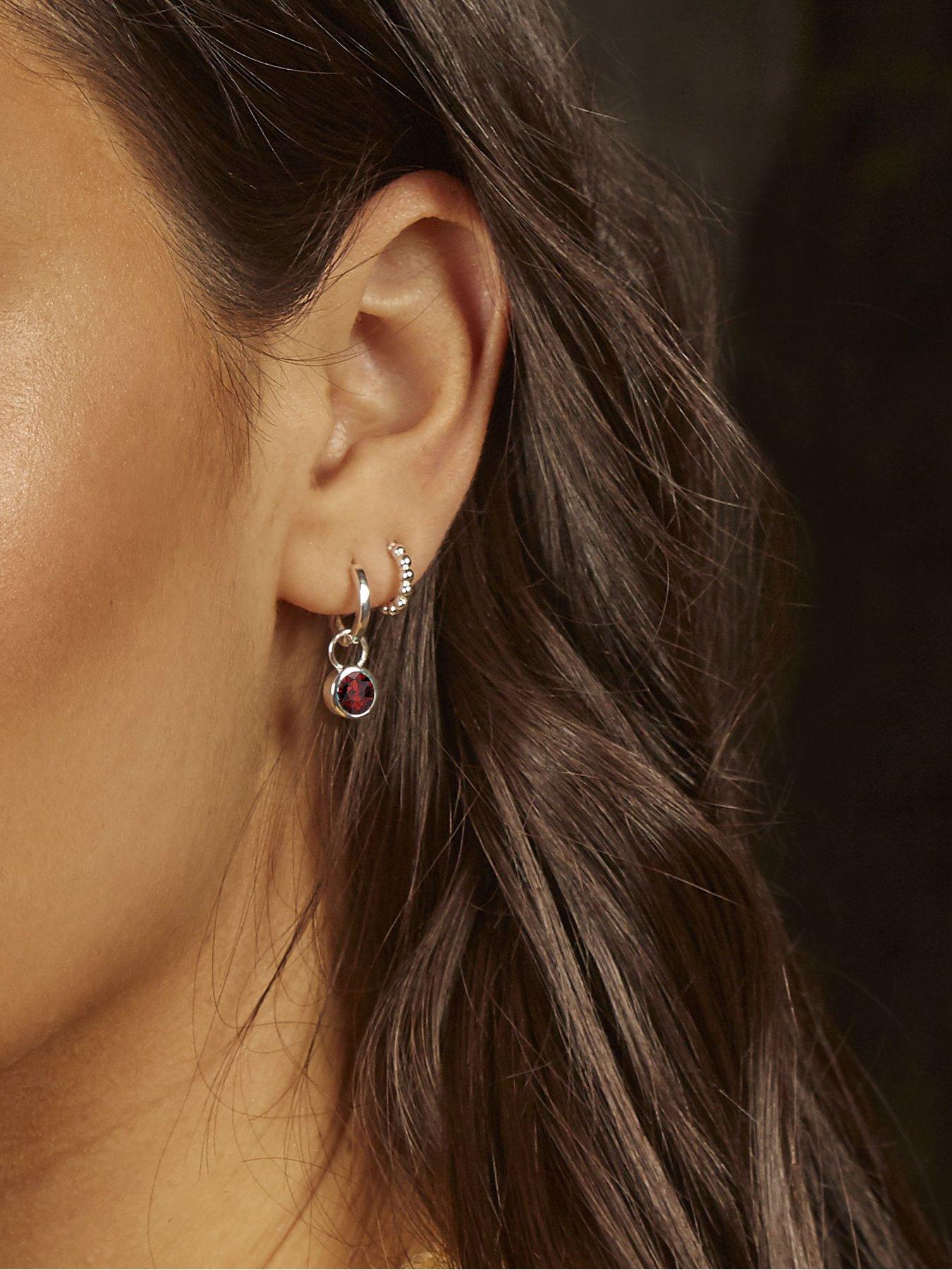 Women Sterling Silver Crystal Birthstone Hoop Earrings