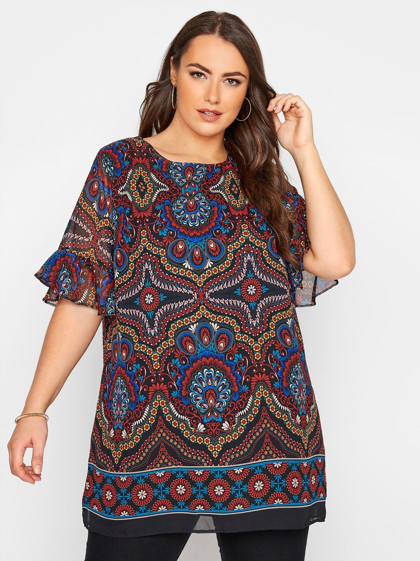 Women tunic top with frill Sleeve Black Blue Paisley