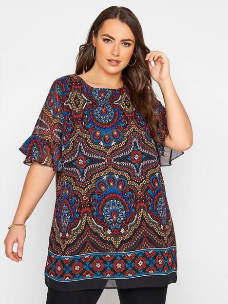 yours-tunic-top-with-frill-sleeve-black-blue-paisley