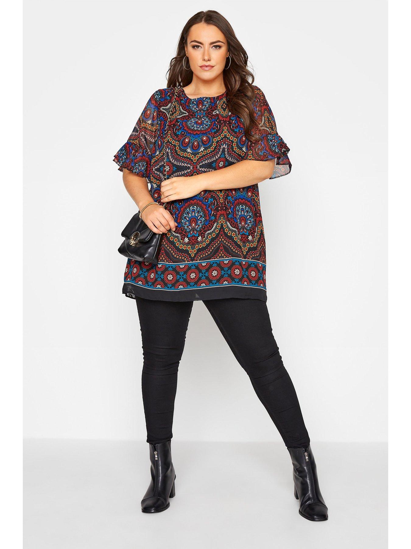 Women tunic top with frill Sleeve Black Blue Paisley