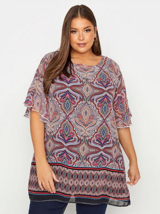 front image of yours-tunic-top-with-frill-sleeve-lilac-paisley