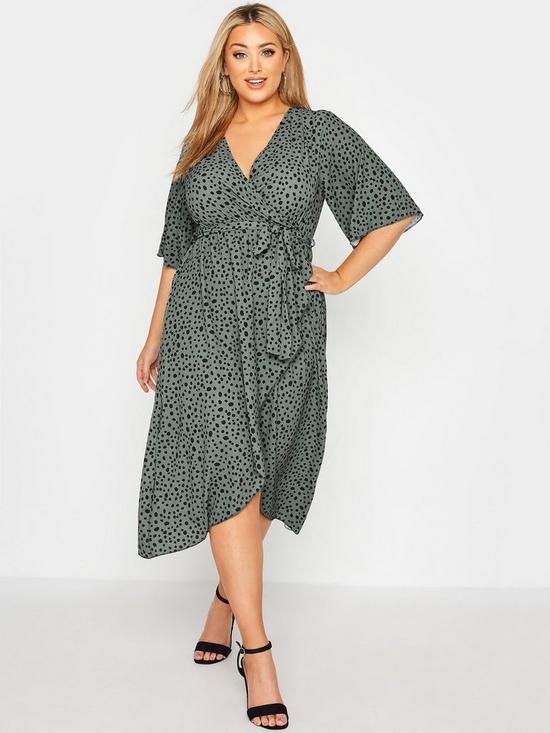 front image of yours-dalmatian-wrap-dress-green
