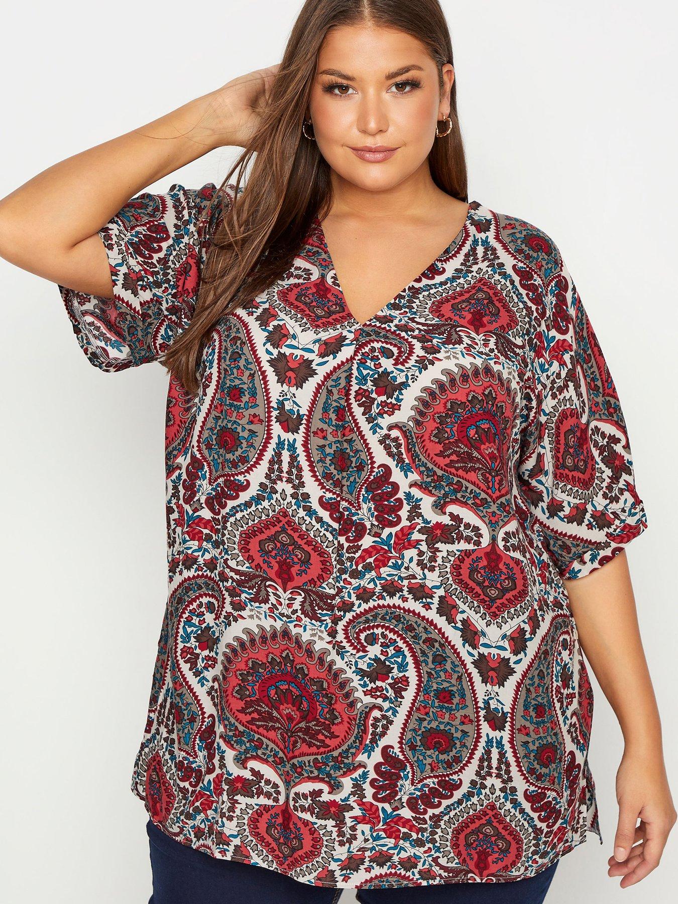 Tops & T-shirts grown on Sleeve top with pleat front - White Red Paisley