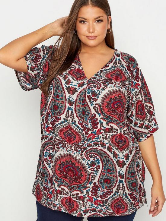 front image of yours-grown-on-sleeve-top-with-pleat-front--nbspwhite-red-paisley
