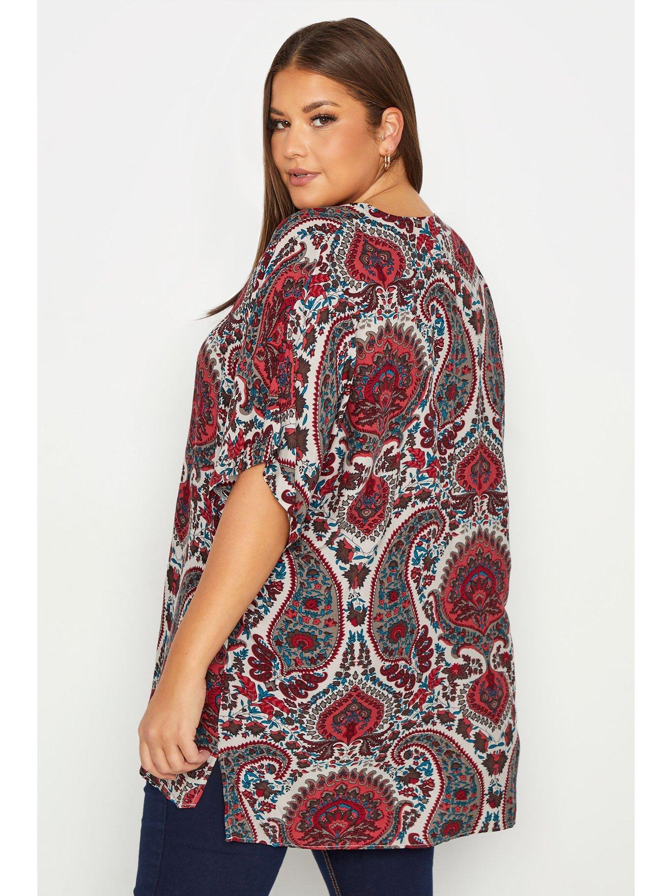 Tops & T-shirts grown on Sleeve top with pleat front - White Red Paisley