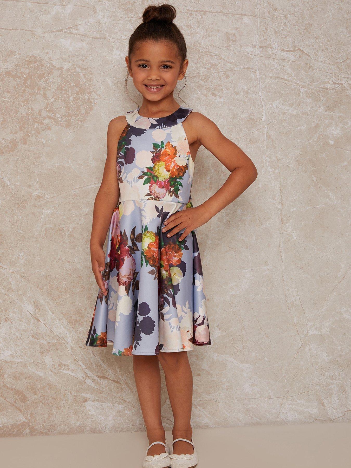 Kids Girls Floral Print Halterneck Dress - Blue