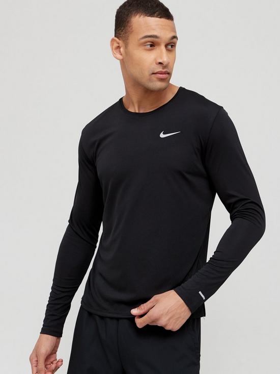 front image of nike-run-dri-fit-miler-long-sleeve-t-shirt-black
