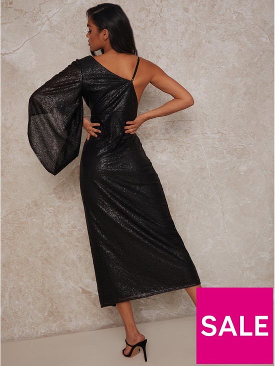 stillFront image of chi-chi-london-plunge-sequin-wrap-midi-dress-black