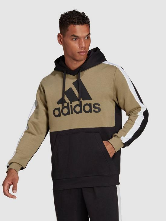 front image of adidas-essentials-colourblock-hoodie-greenblack
