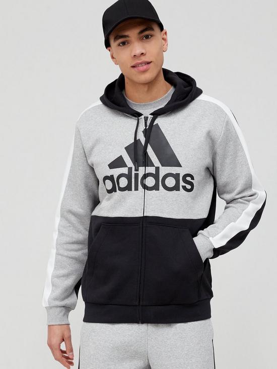 front image of adidas-essentials-colourblock-full-zip-hoodie-greyblack
