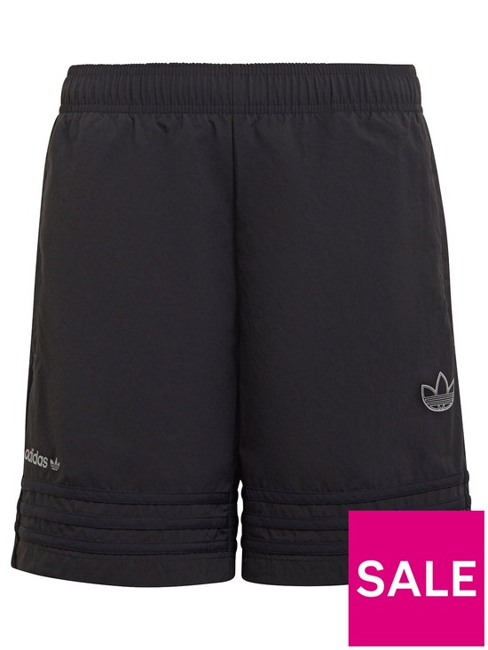 front image of adidas-originals-junior-boys-graphic-trefoil-shorts-dark-grey