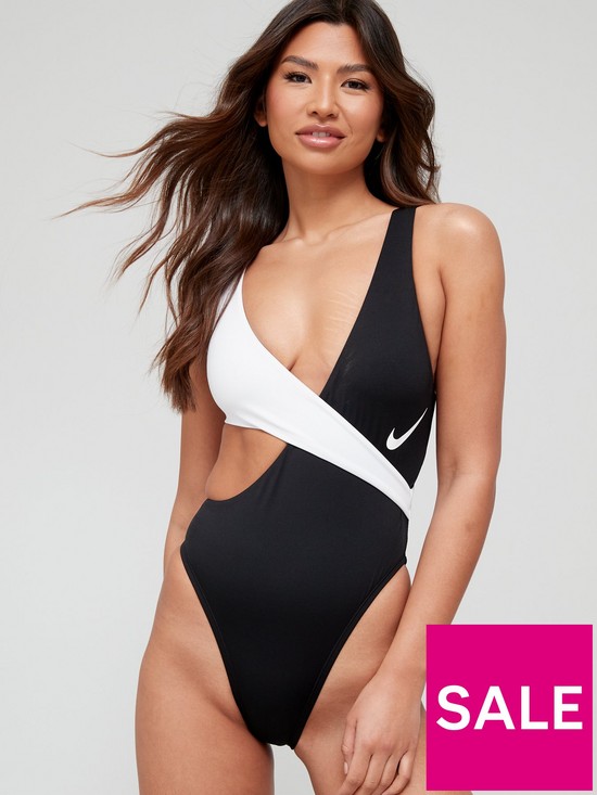 front image of nike-colourblock-crossover-one-piece-swimsuit-black