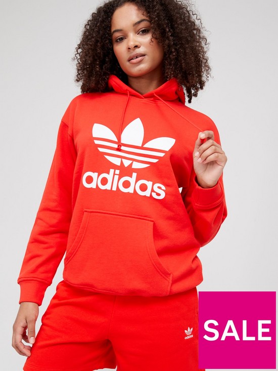 front image of adidas-originals-trefoil-hoodie-red