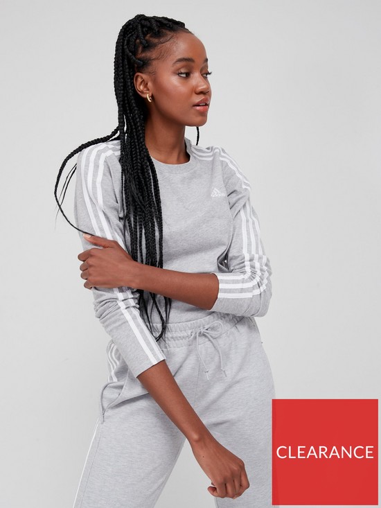 front image of adidas-sportswear-essentials-3-stripes-long-sleeve-top-greywhite
