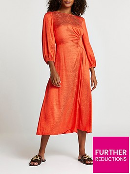 river-island-printed-ruched-side-midi-dress--orange
