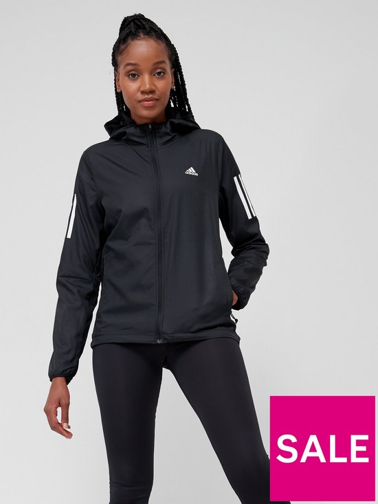 front image of adidas-own-the-running-womens-jacket-black
