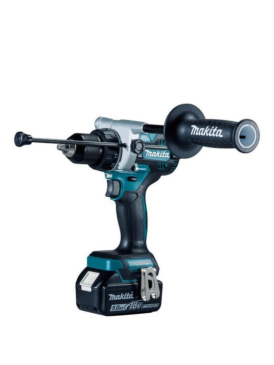 front image of makita-18v-lxt-brushless-combi-drill-with-2-x-5ah-batteries-fast-charger-amp-makpac-carry-case