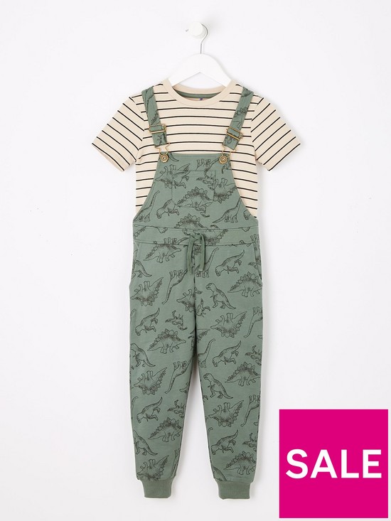 front image of mini-v-by-very-boys-dino-sweat-dungaree-and-tee-set-khaki