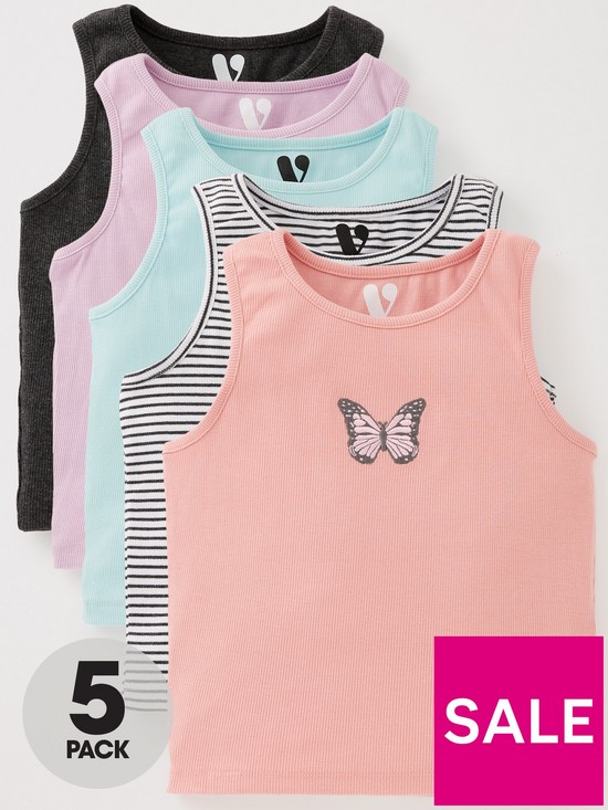 front image of v-by-very-girls-5-pack-butterflystripeslogan-cropped-vests-multi