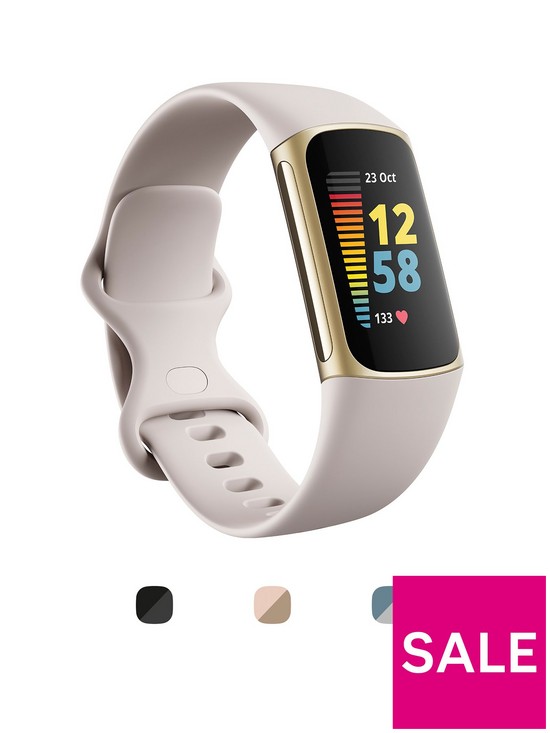front image of fitbit-charge-5-lunar-whitesoft-gold-stainless-steel