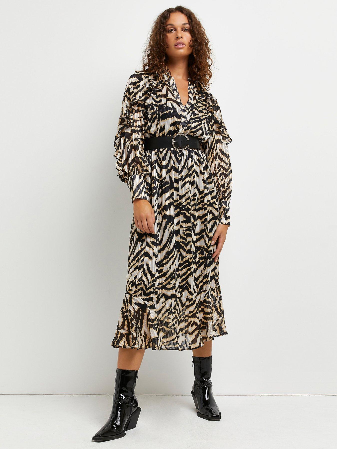 Women Animal Print Belted Midi Dress - Brown