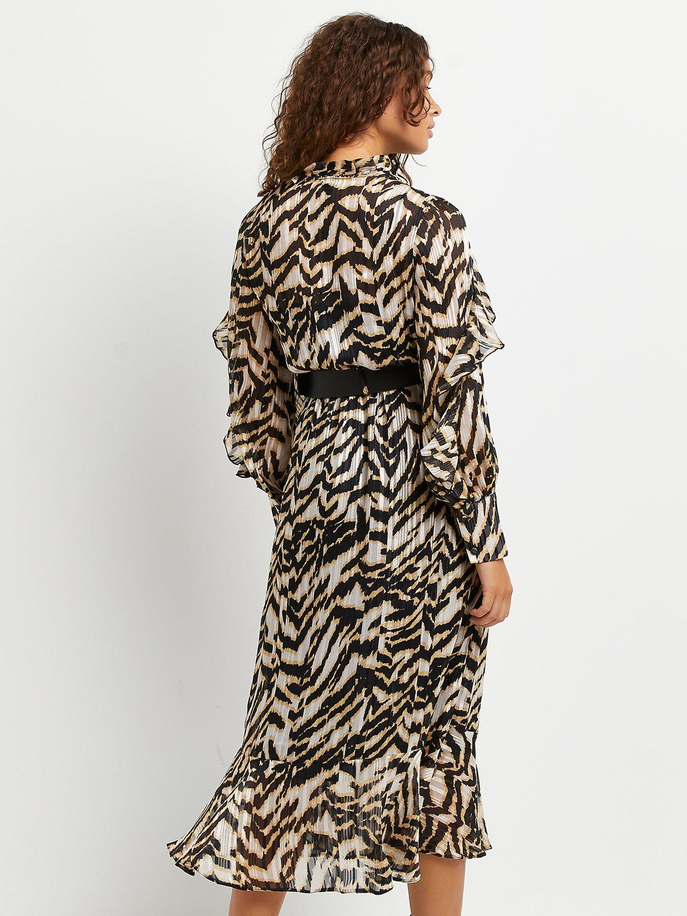 Women Animal Print Belted Midi Dress - Brown