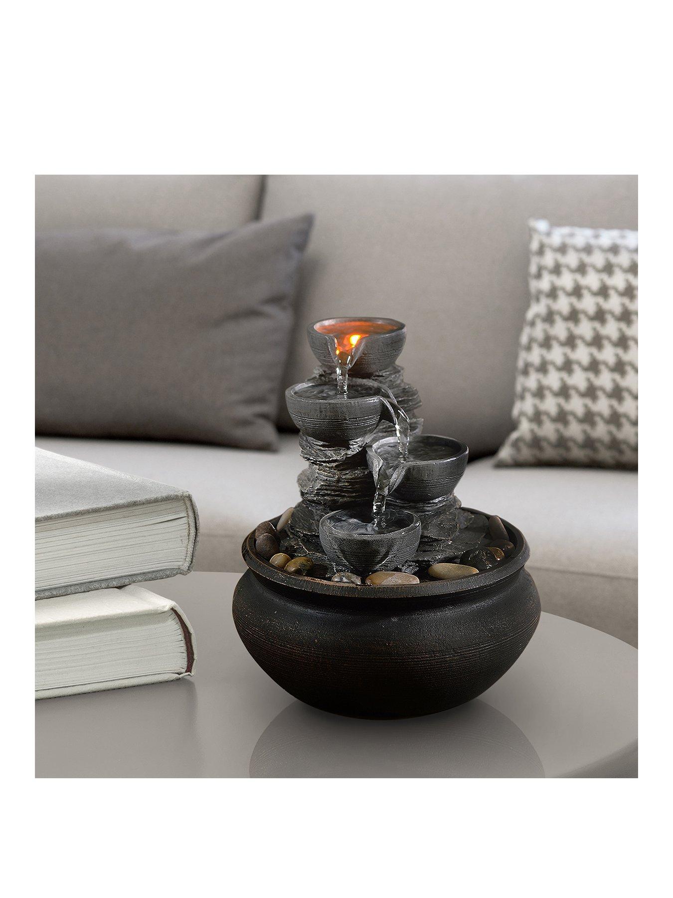 Indoor Tabletop Water Feature 4-Tier Water Fountain with Lights - Grey