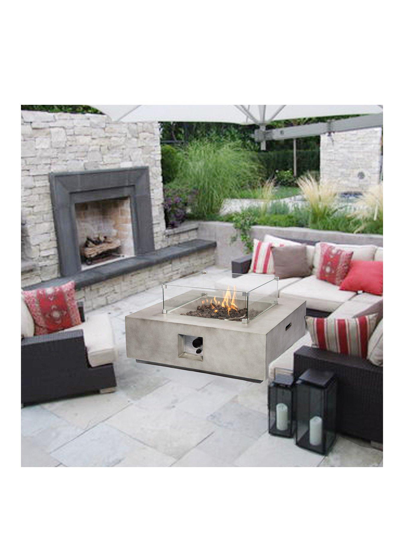 Teamson Home Outdoor Gas Fire Pit Wooden With Lava Rock  &  Cover