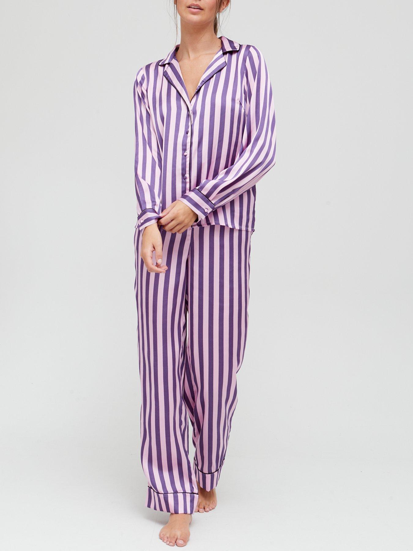 Women Stripe Satin Pyjama Set  - Violet Stripe