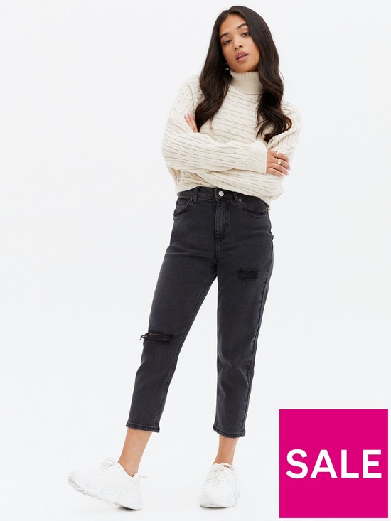 front image of new-look-petite-ripped-high-waist-tori-mom-jeans-black