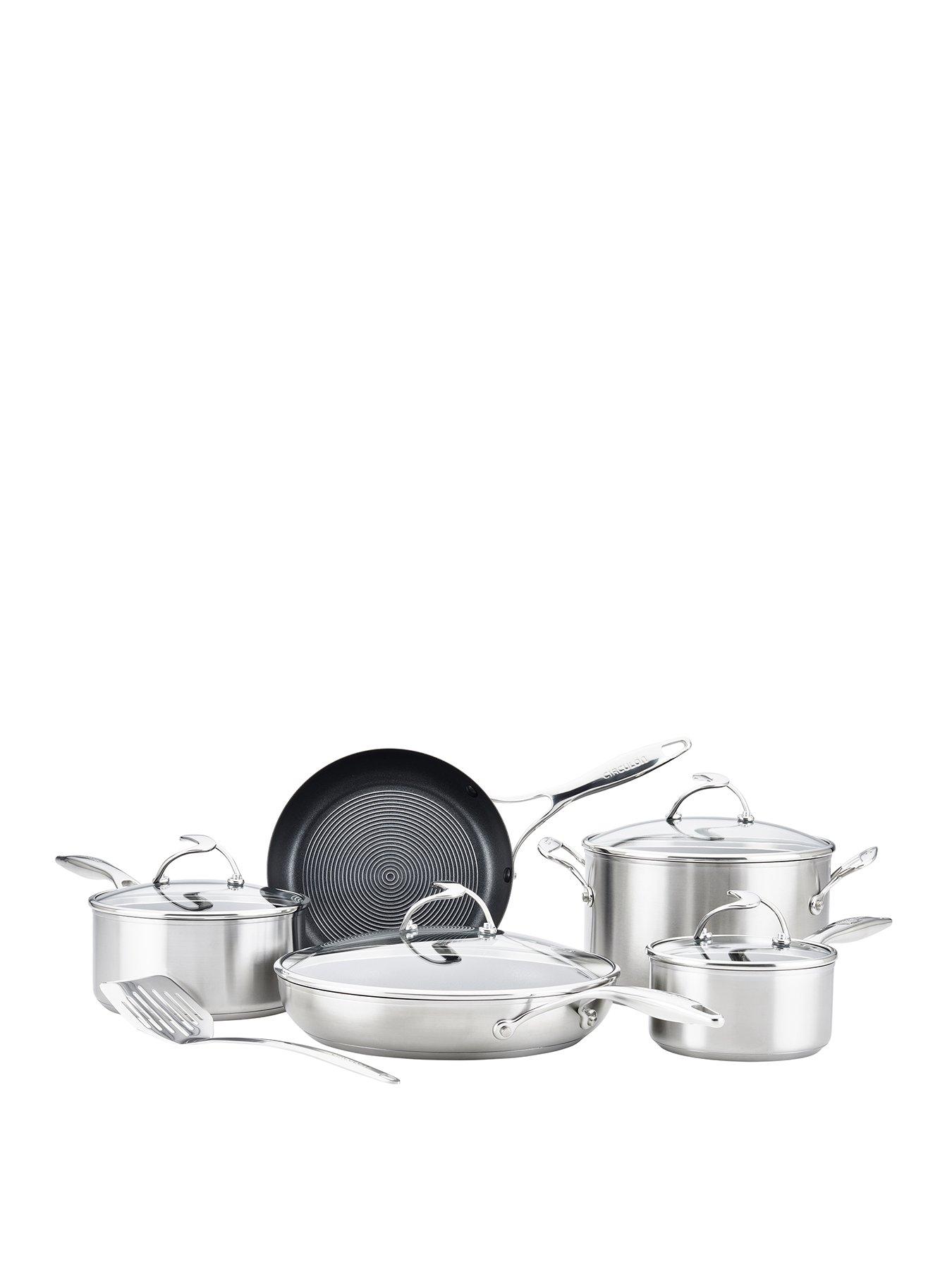 Product photograph of Circulon Steel Shield Stainless Steel Induction Non-stick 5 Piece Pan Set With Bonus Tool from very.co.uk