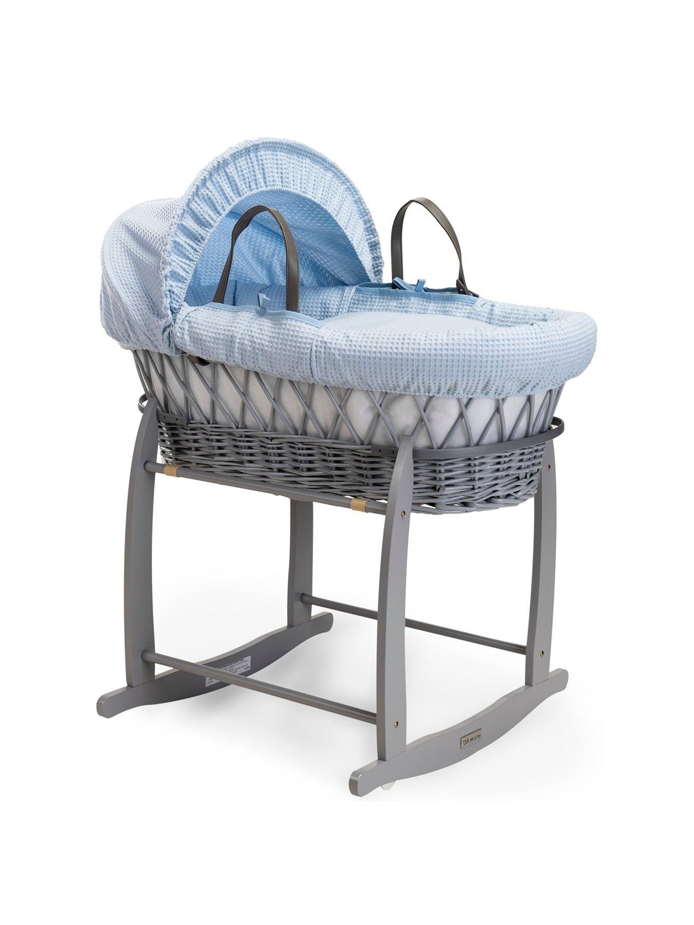 Clair De Lune Waffle Grey Wicker Moses Basket and Deluxe Rocking Stand - Blue
