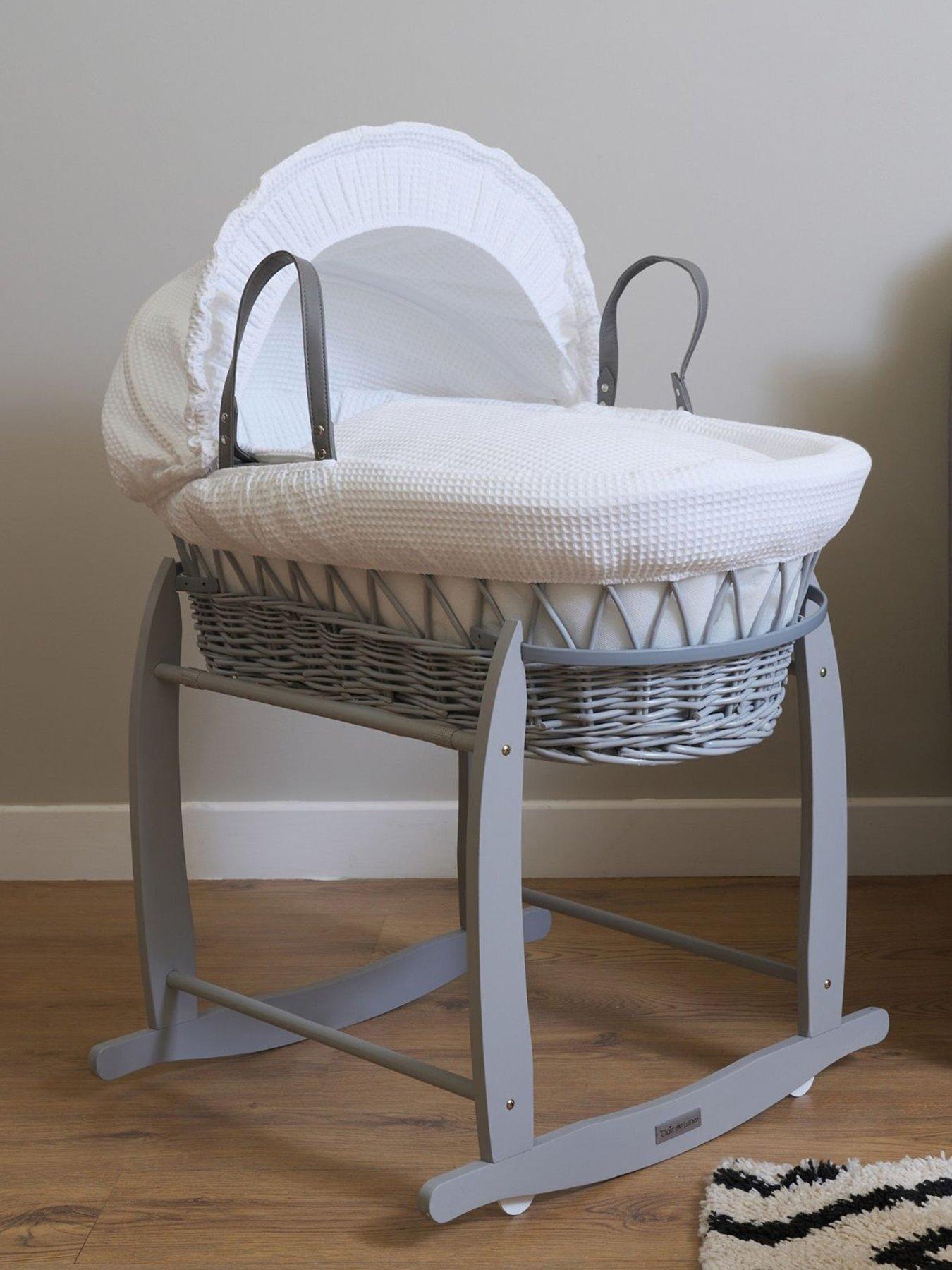 Product photograph of Clair De Lune Waffle Grey Wicker Moses Basket And Deluxe Rocking Stand - White from very.co.uk