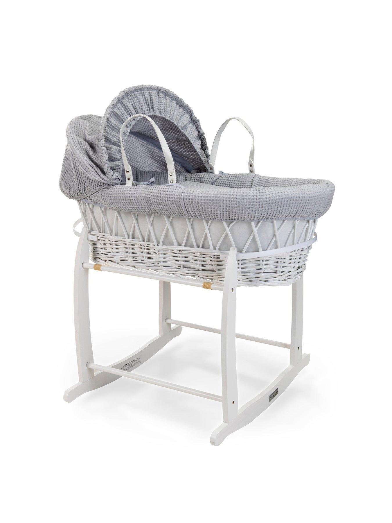 Product photograph of Clair De Lune Waffle White Wicker Moses Basket And Deluxe Rocking Stand - Grey from very.co.uk