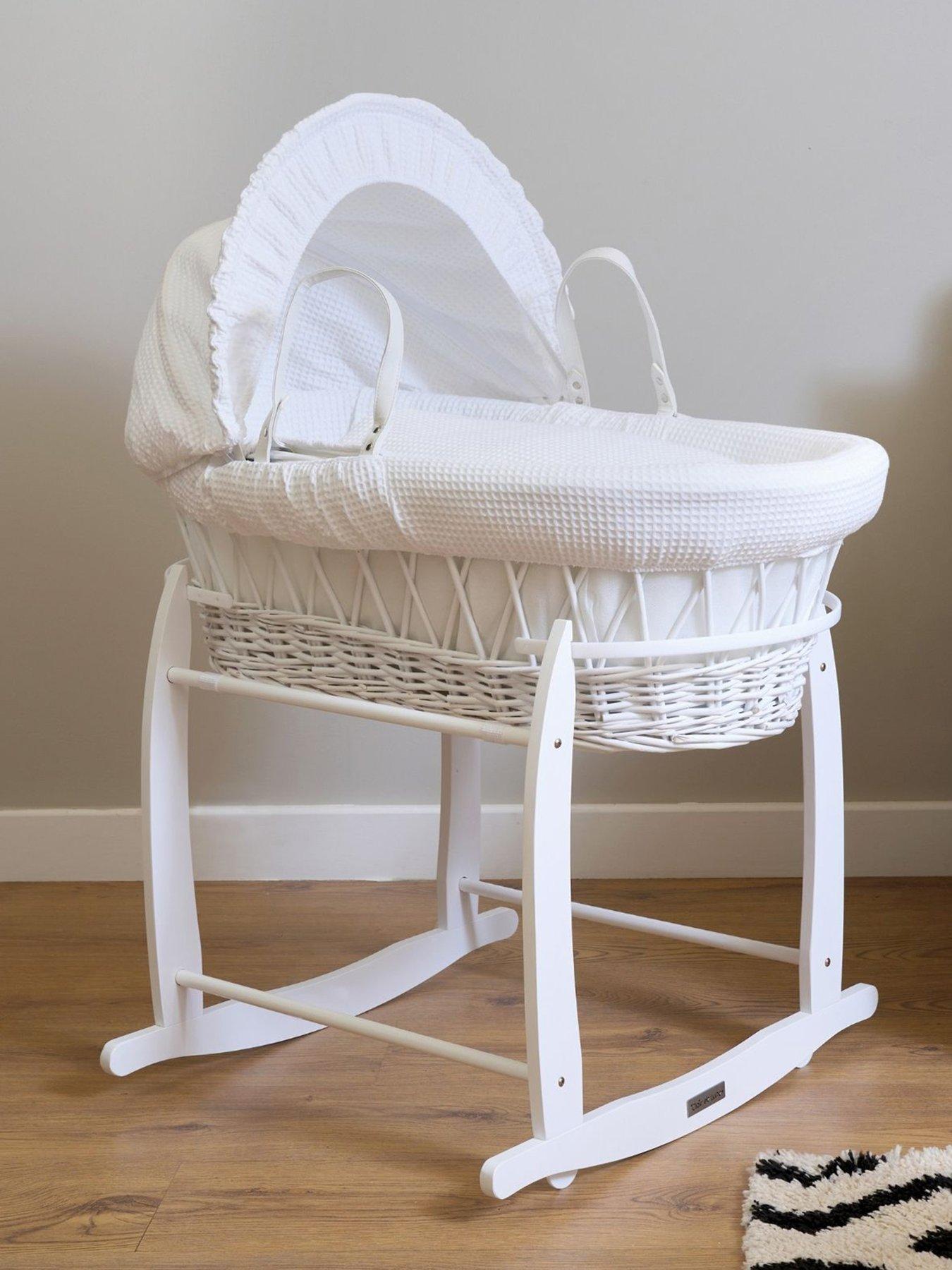 Product photograph of Clair De Lune Waffle White Wicker Moses Basket And Deluxe Rocking Stand from very.co.uk