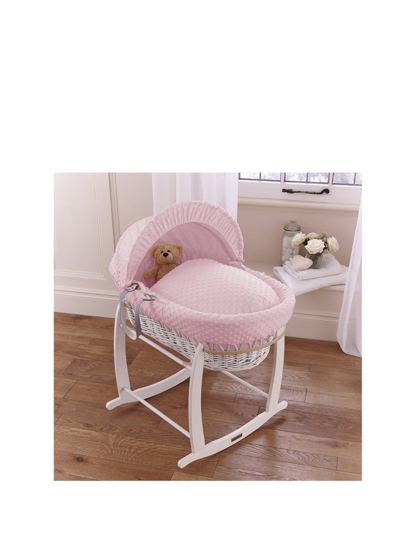 Product photograph of Clair De Lune Dimple White Wicker Moses Basket Amp Deluxe Rocking Stand - Pink from very.co.uk