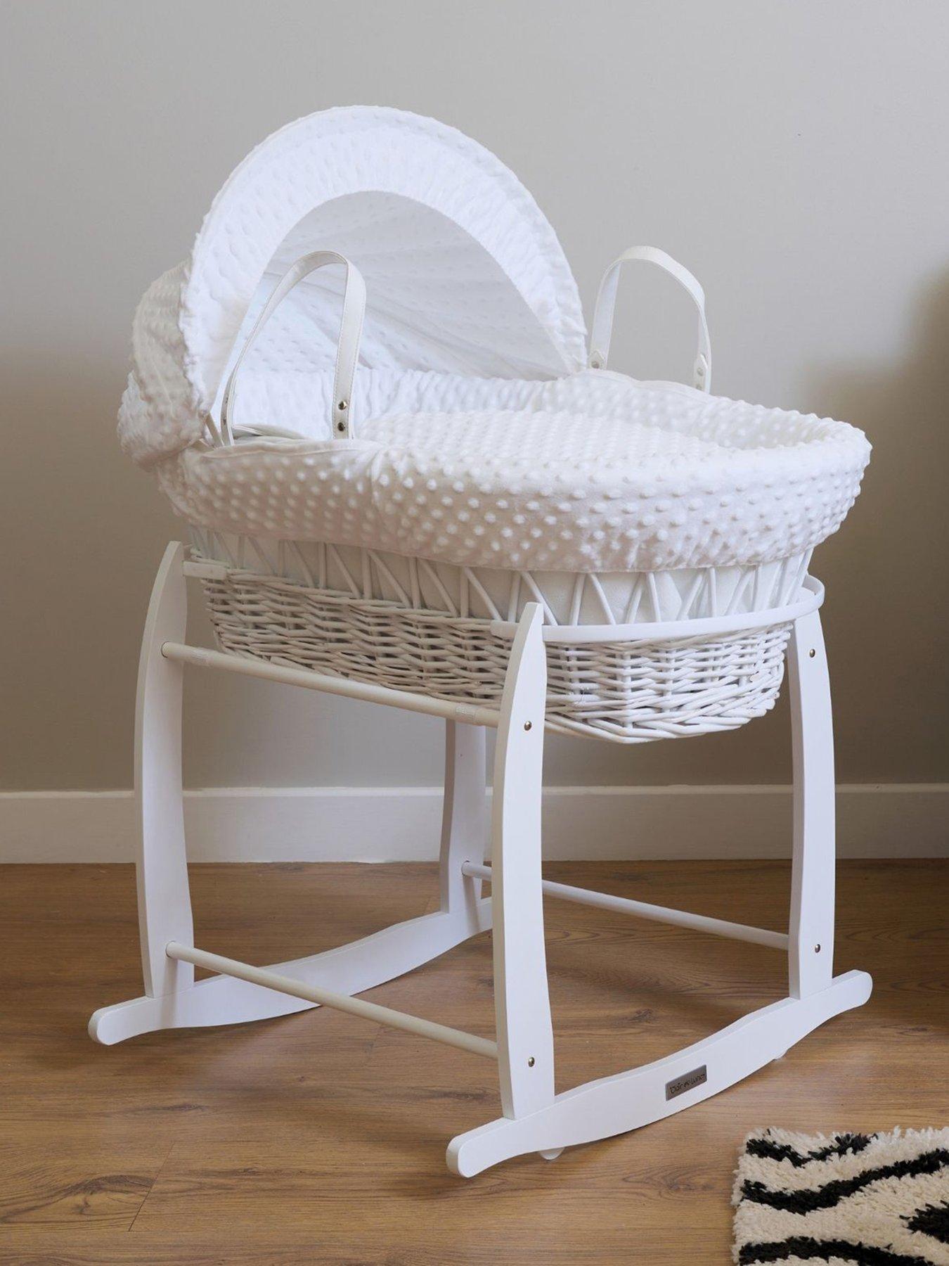 Product photograph of Clair De Lune Dimple White Wicker Moses Basket Amp Deluxe Rocking Stand - White from very.co.uk