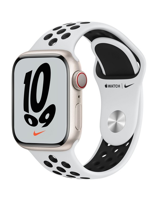 front image of apple-watch-nike-series-7-gps-cellular-41mm-starlight-aluminium-case-with-pure-platinumblack-nike-sport-band