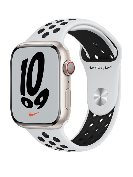 front image of apple-watch-nike-series-7-gps-cellular-45mm-starlight-aluminium-case-with-pure-platinumblack-nike-sport-band